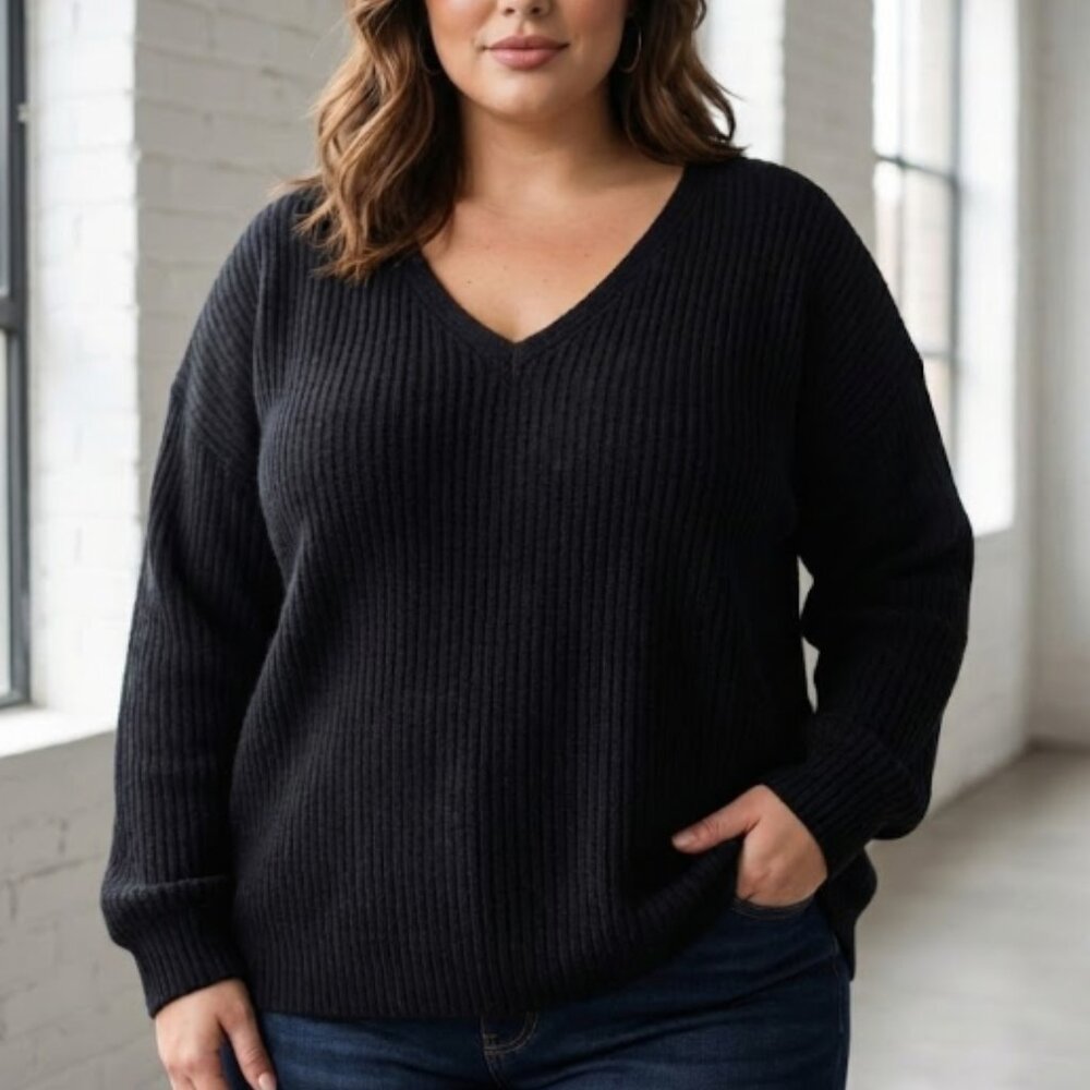 NWT AVA & VIV Black Deep V-Neck Ribbed Sweater 4X